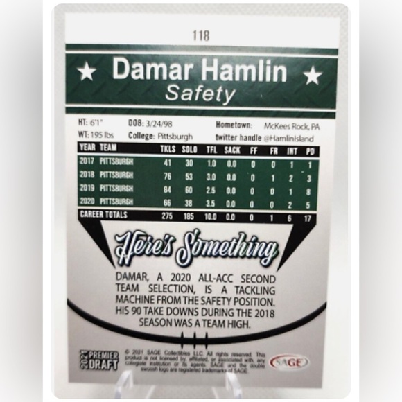 🏈🏈 𝅺Damar Hamlin 2021 Sage Premier Draft Rookie Card "Red" - Picture 2 of 3